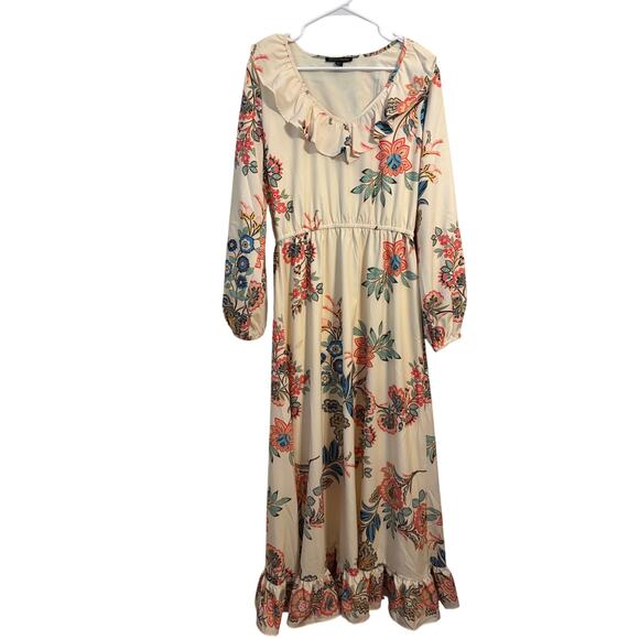 Boston Proper Boho Floral V Neck Ruffle Long Sleeve Maxi Size 12 - Picture 1 of 9